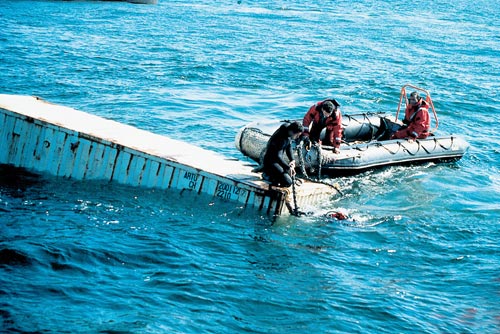 Attaching a sling to a container floating at the
surface